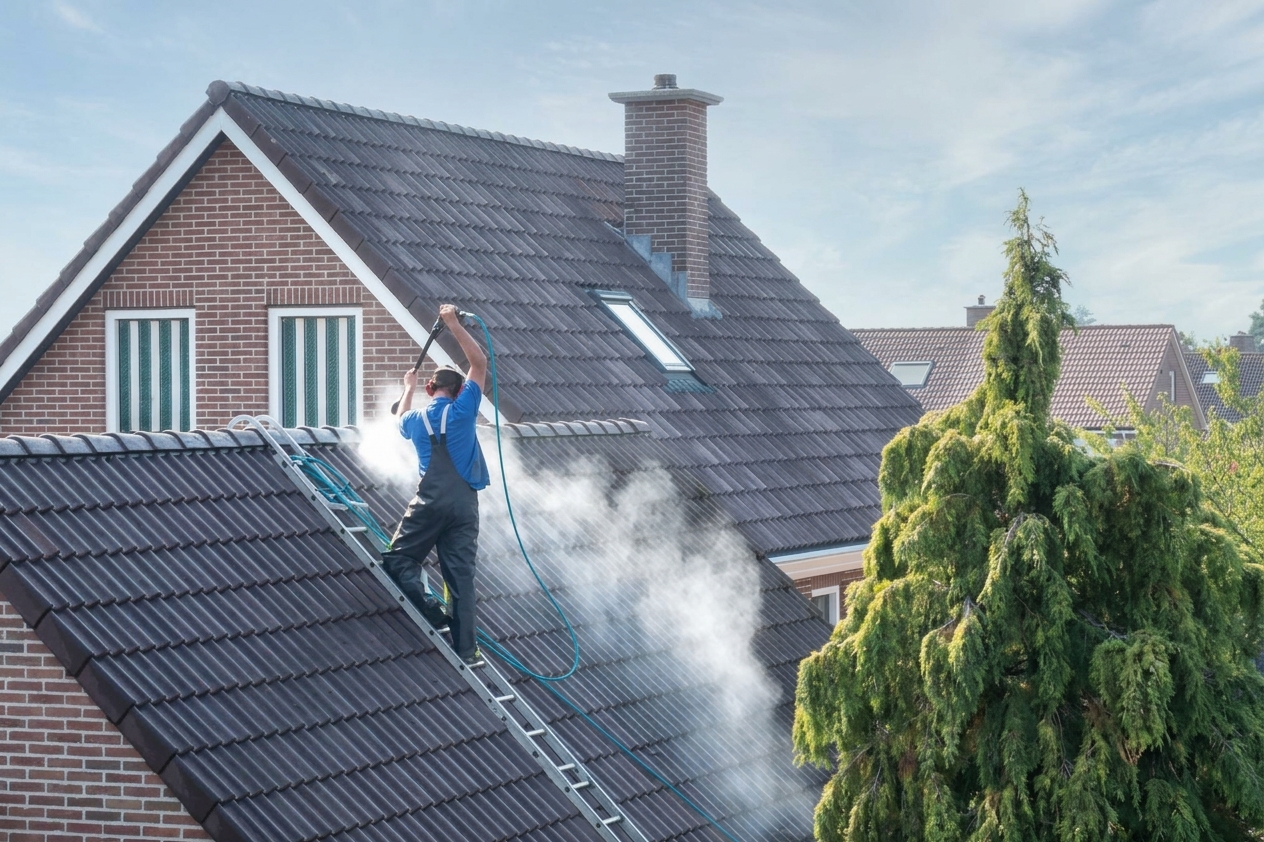 Roof cleaning and coating with the operative and sprayer visible