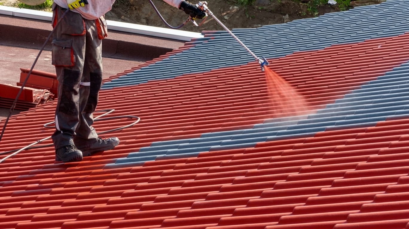 Roof coating sprayed onto red roof tiles